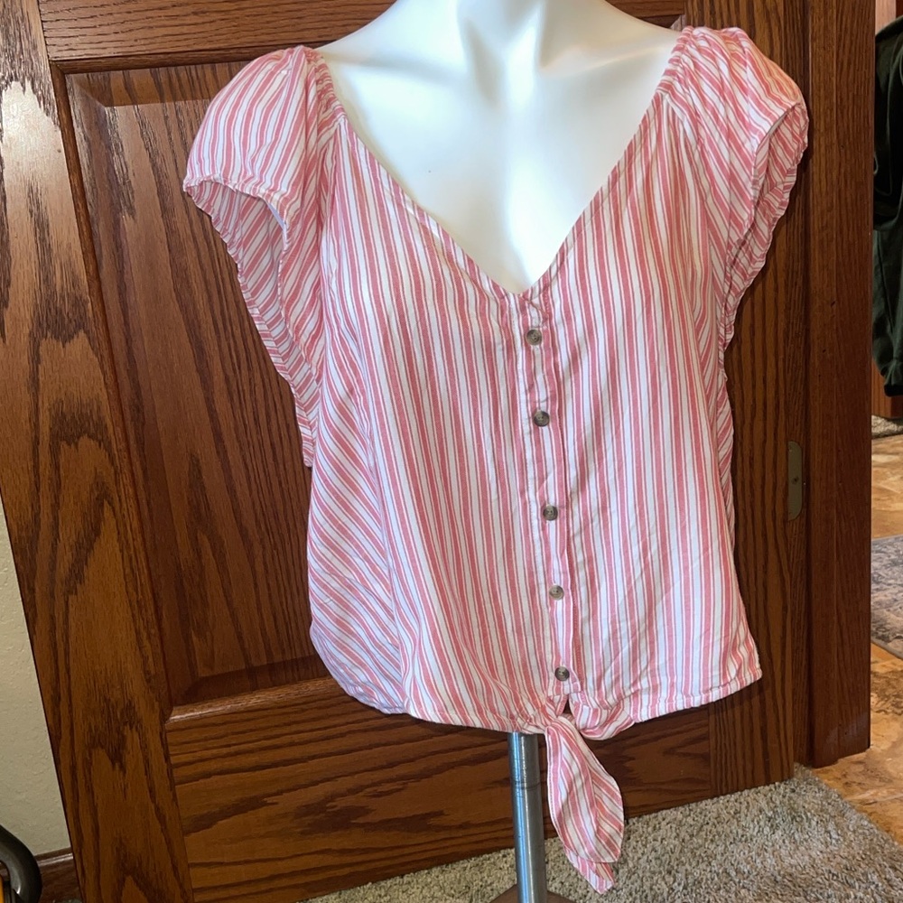 American Eagle Outfitters Pink Striped Tie-Front Blouse